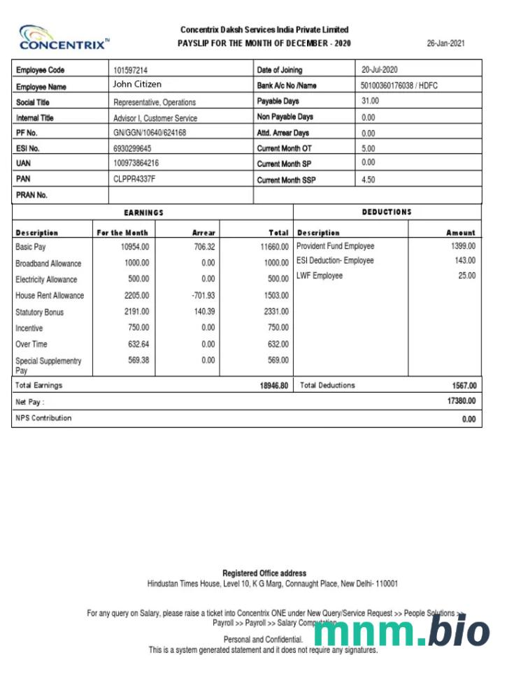 Indie Concentrix Daksh Services India private Limited payslip w formatach Word i PDF